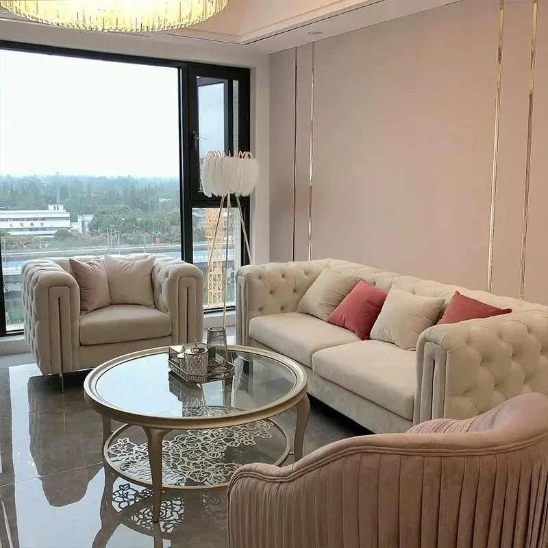 American Style Fabric Sofa with Metal Buckle for Small Apartment Living Room Single and Three Seater Combination Trendy