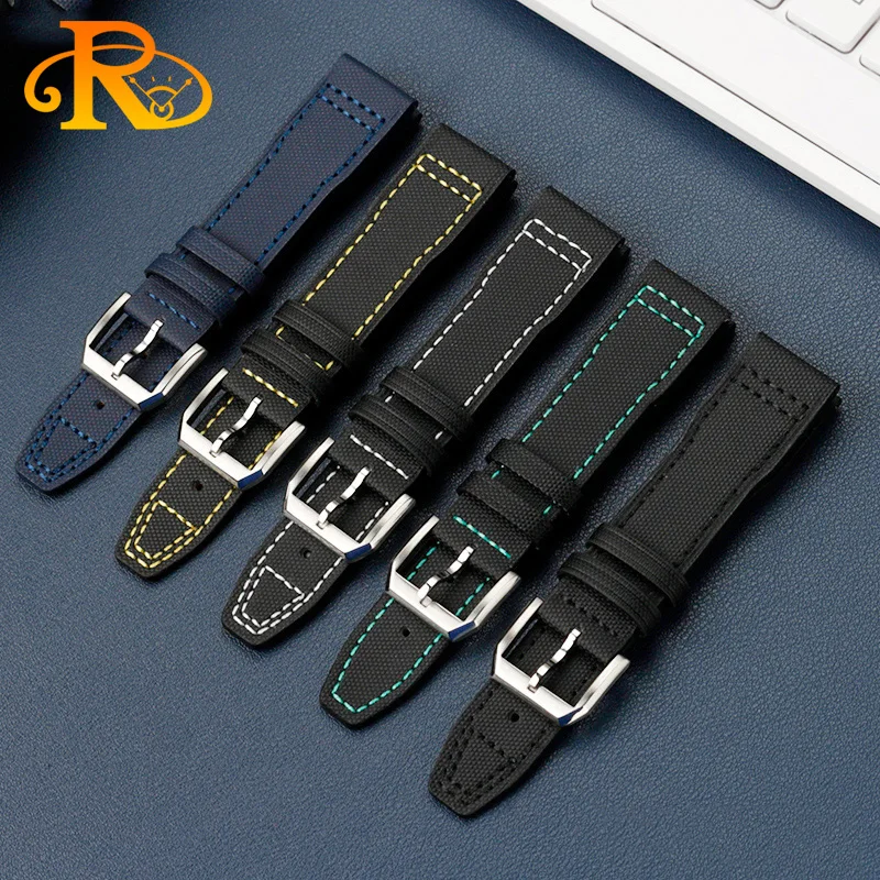 For IWC Mark Nylon +cowhide leather watch strap Pilot Prince Bertolo Portugal Folding buckle watchband 20 21mm Men\'s bracelet