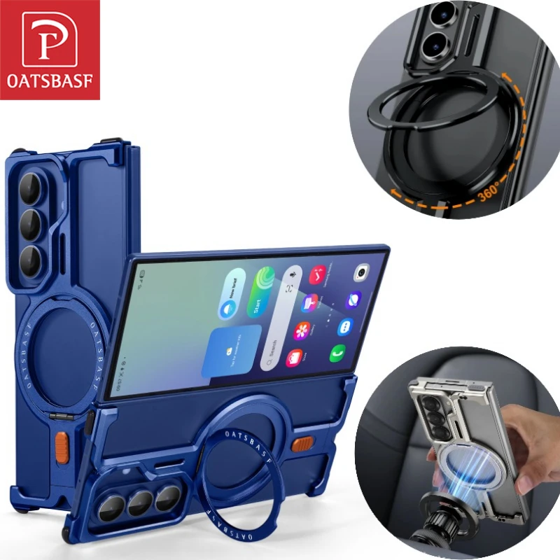 

Металлический магнитный чехол Oatsbasf для телефона Samsung Galaxy Z Fold 7 с подставкой 360° ° Вращающаяся для беспроводной зарядки Magsafe, безрамная