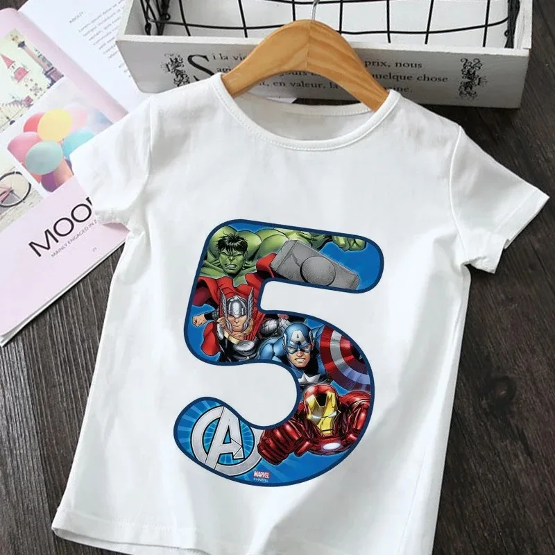 Marvel Hero Birthday Party Cartoon T Shirt Girls Children Tshirt Number 1 2 3 4 5 6 7 8 9 Spiderman Disney Graphic Kids Clothes