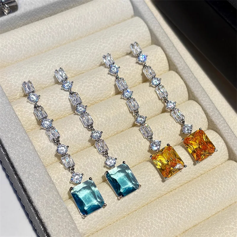 

Fashion Shiny Blue Geometric Zircon Tassel Earrings for Women's Trendy Banquets Exquisite All-match Jewelry Gifts