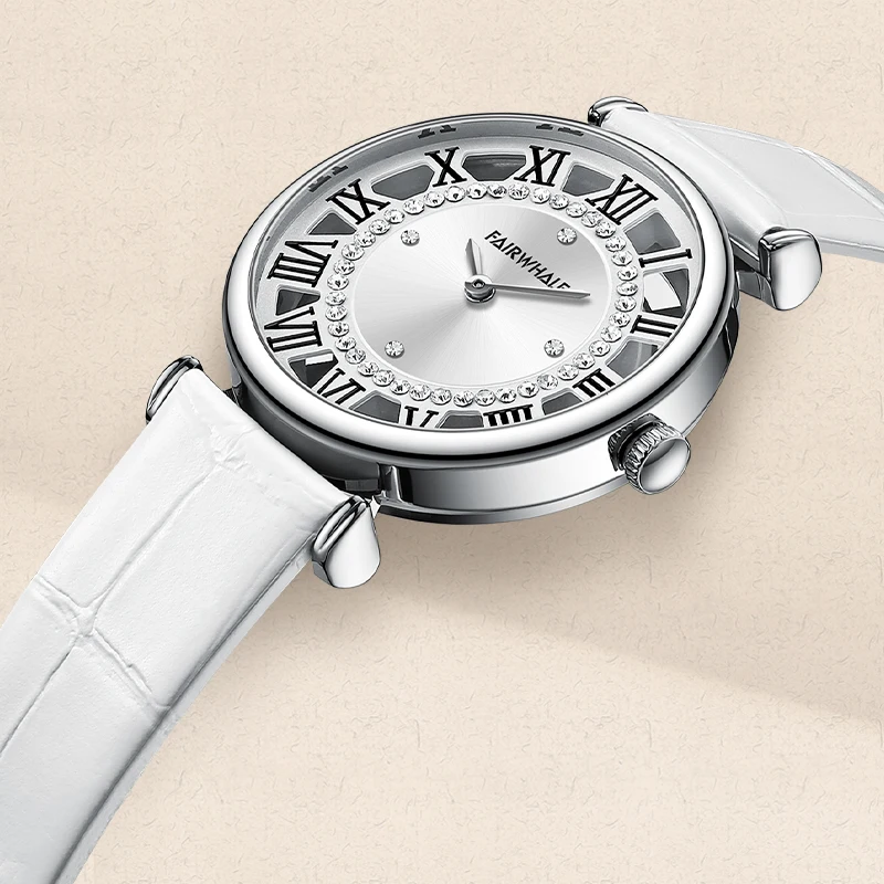 MARK FAIRWHALE FW-3580 Women Watch Fashion Diamond Dial Leather Strap Stainless Steel Case Quartz Watches For Women