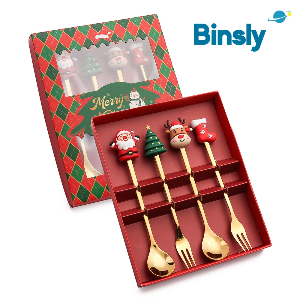 Christmassy Cutlery Golden Spoon Set Coffee Spoon Pastry Fork 4 Piece Stainless Steel Christmas Gift Flatware Sets for 2 Person