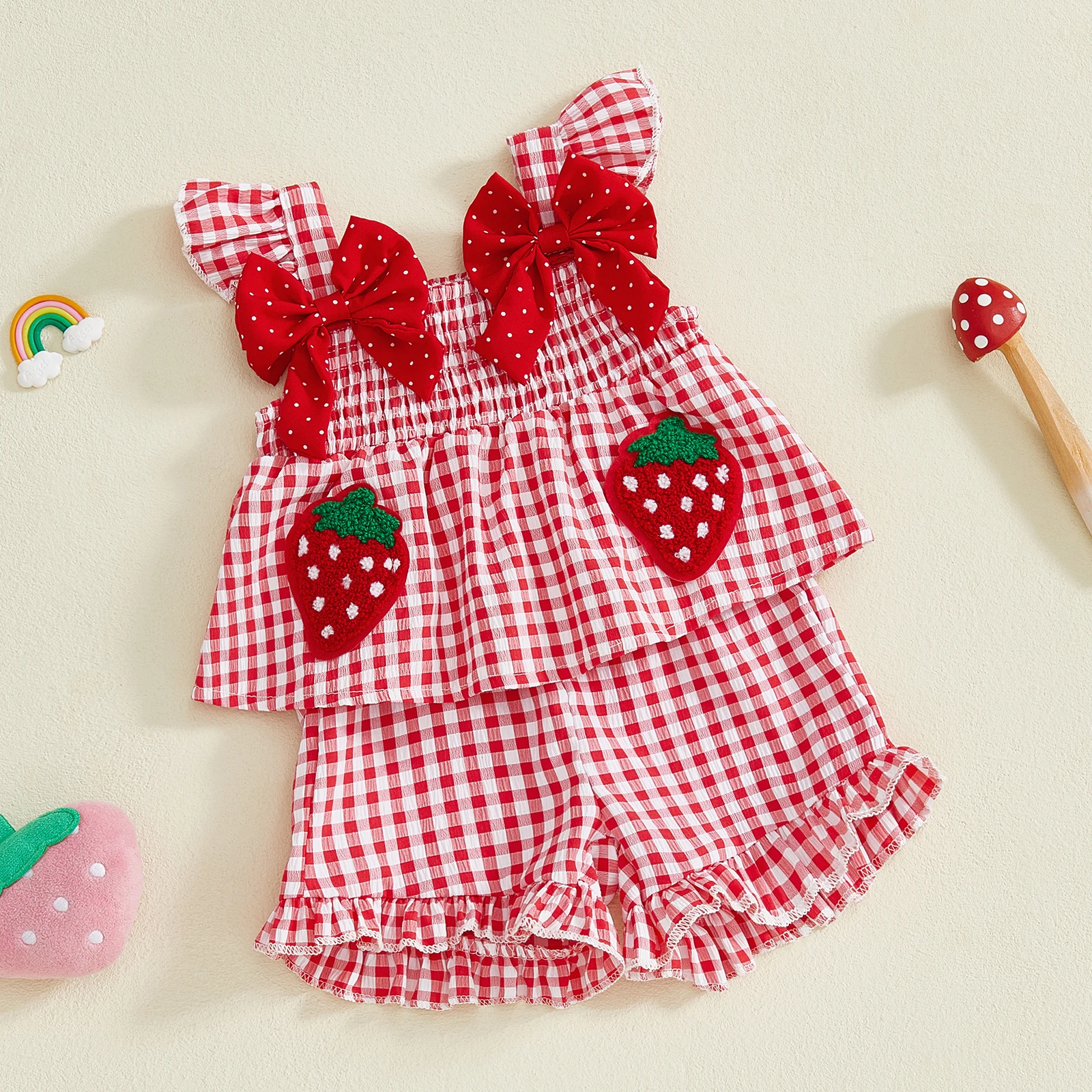 Sweet Toddler Baby Girl Summer Outfit Strawberry Embroidered Plaid Bows Ruffled Trim Tank Tops Shorts 2 Pcs Gils Set