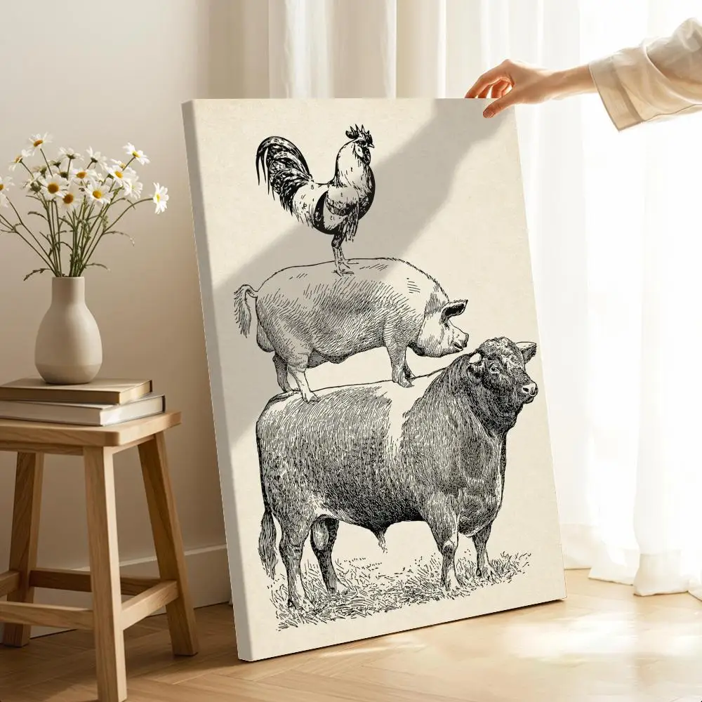 Vintage Farm Poultry Cow Pig Chicken Framed Wall Painting HD Wood Framed Canvas Poster Wall Art For Bedroom Bar Home Decor