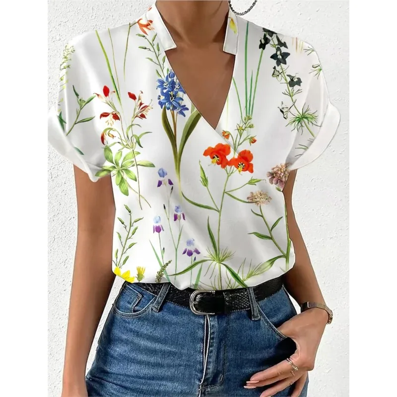 

Fashion Flower Print Shirts For Women New Summer Loose V-neck Stand Collar Short Sleeve Top Blouses Female Elegant Casual TShirt