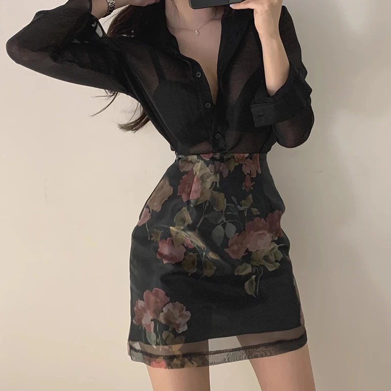 

Vintage Long Sun Protection High Waist Floral Skirt Set Chic Spring Translucent Versatile