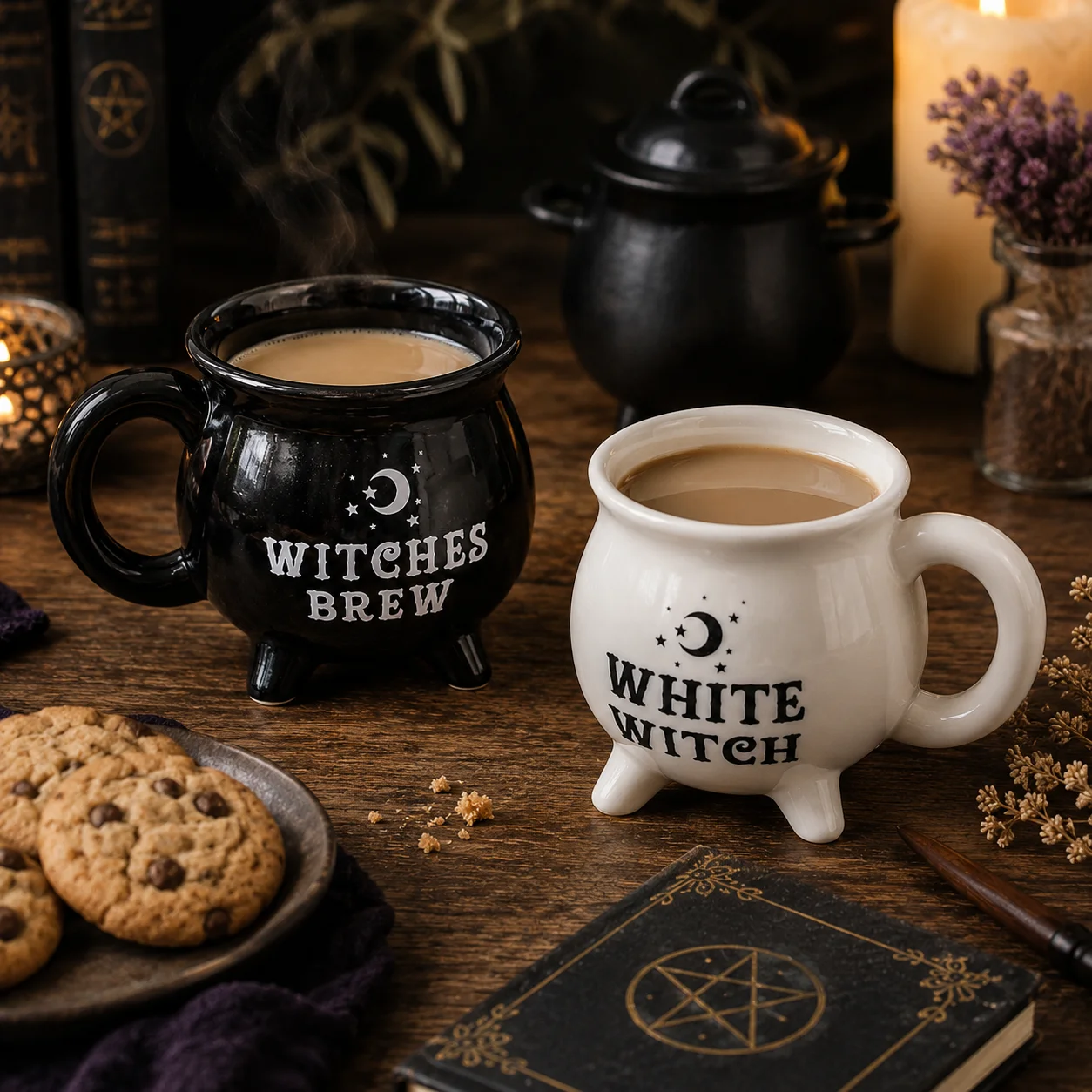 Witch Cauldron Ceramic Mug 350ml, Witches Brew Black Coffee Cup & White Witch Tea Cup, Gothic Style Novelty Drinkware Gift