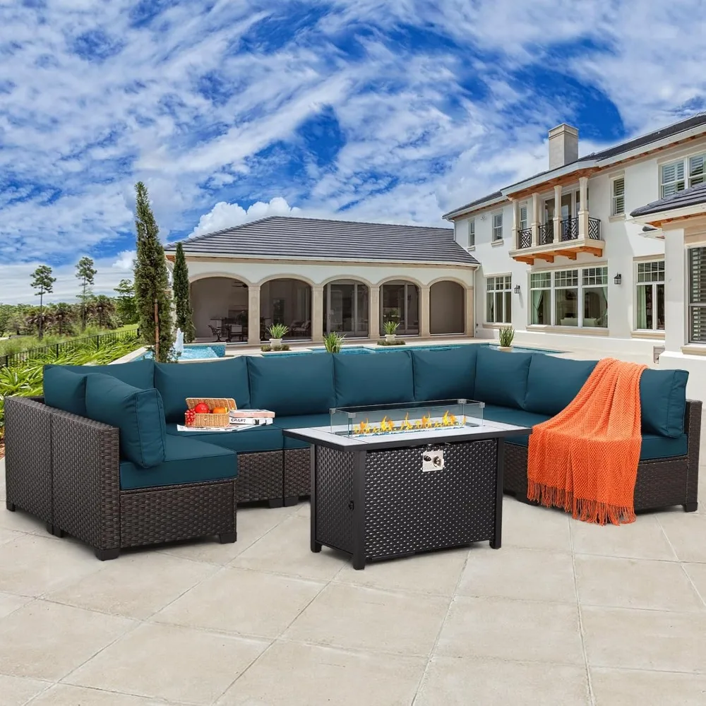 9-Piece Patio Rattan Furniture Set with Gas Fire Pit Table Outdoor Sectional Conversation Couch Brown PE Wicker Sofa