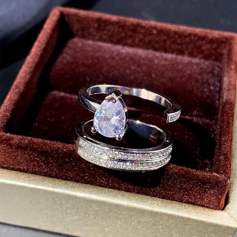 

925 Silver Personality Geometric Water Drop Zircon Ring For Women "H" Font Full Diamond Jewelry Party Birthday Wedding Gift