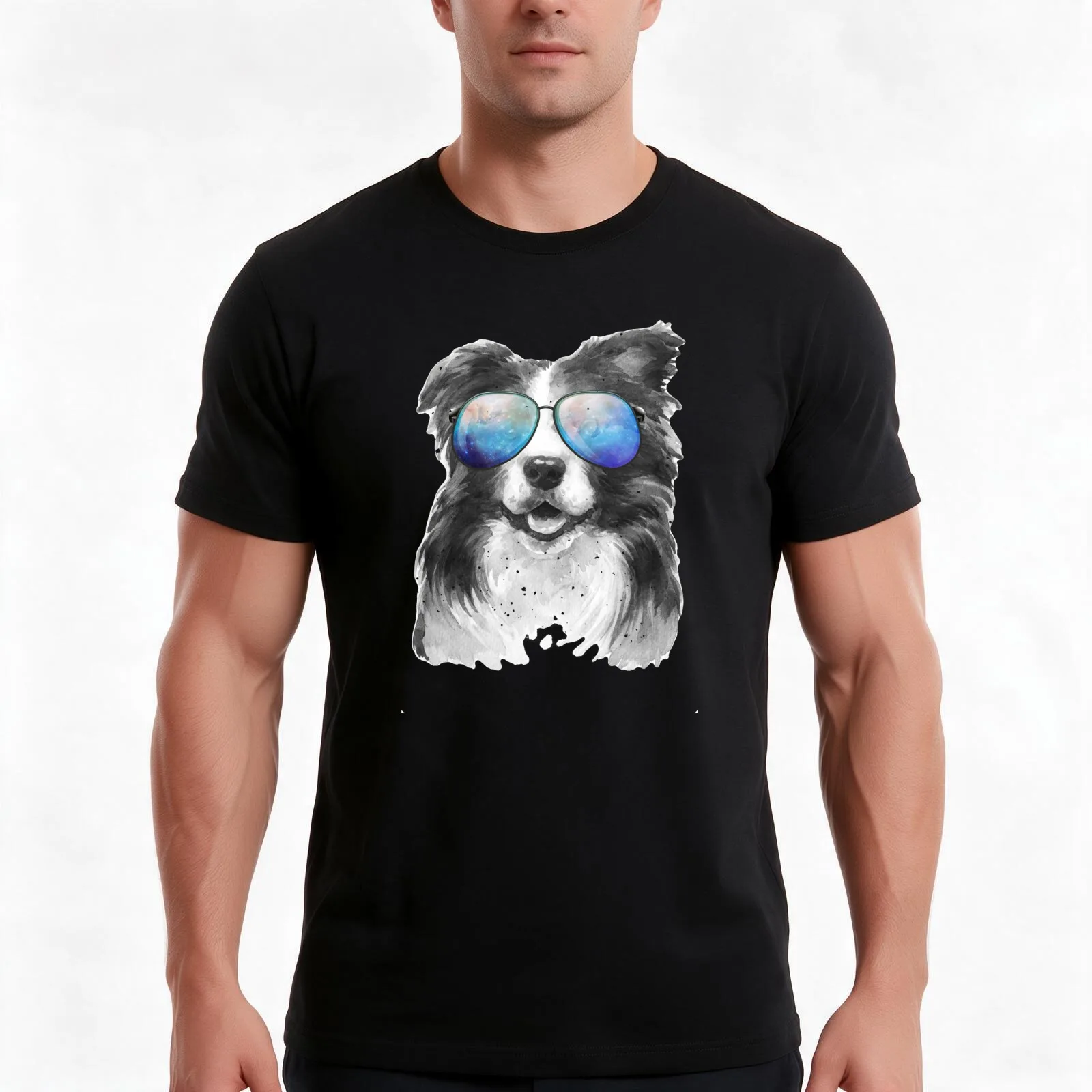 Retro Vintage Border Collie Galaxy Universe Hipster Funny Sheepdog Border Collie Lover Gift T-Shirt, Summer Casual Cotton Tee