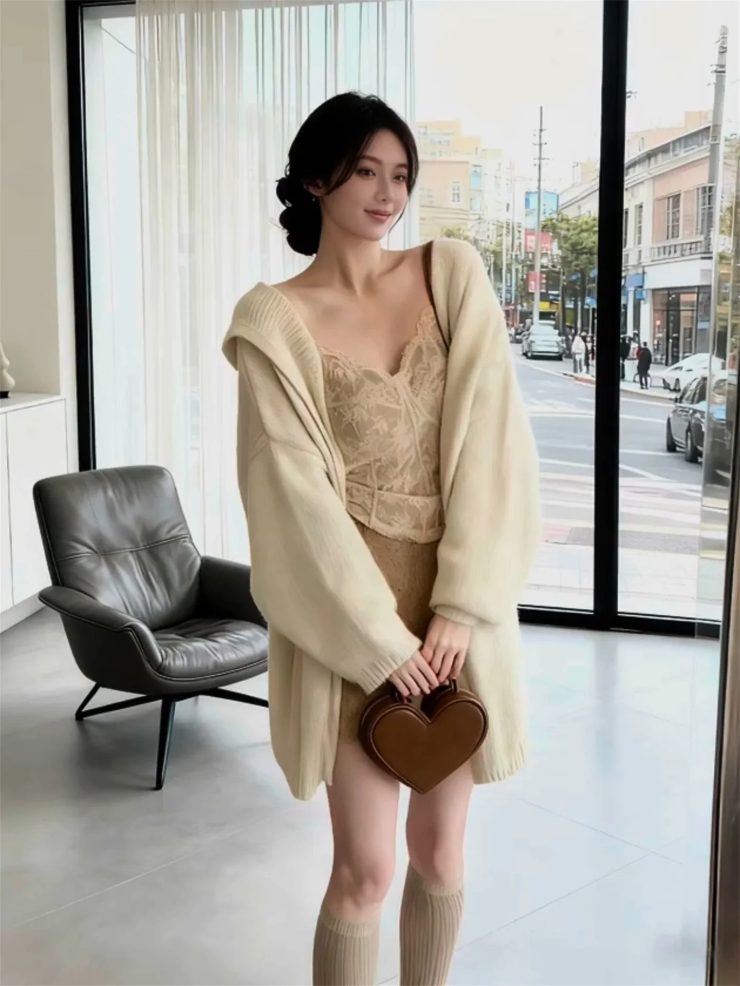 

Korean Sle Aosphere Knitted Lace terne Set Women's Faion Winter Warm Long Sve V-Ne High Waist Skirt