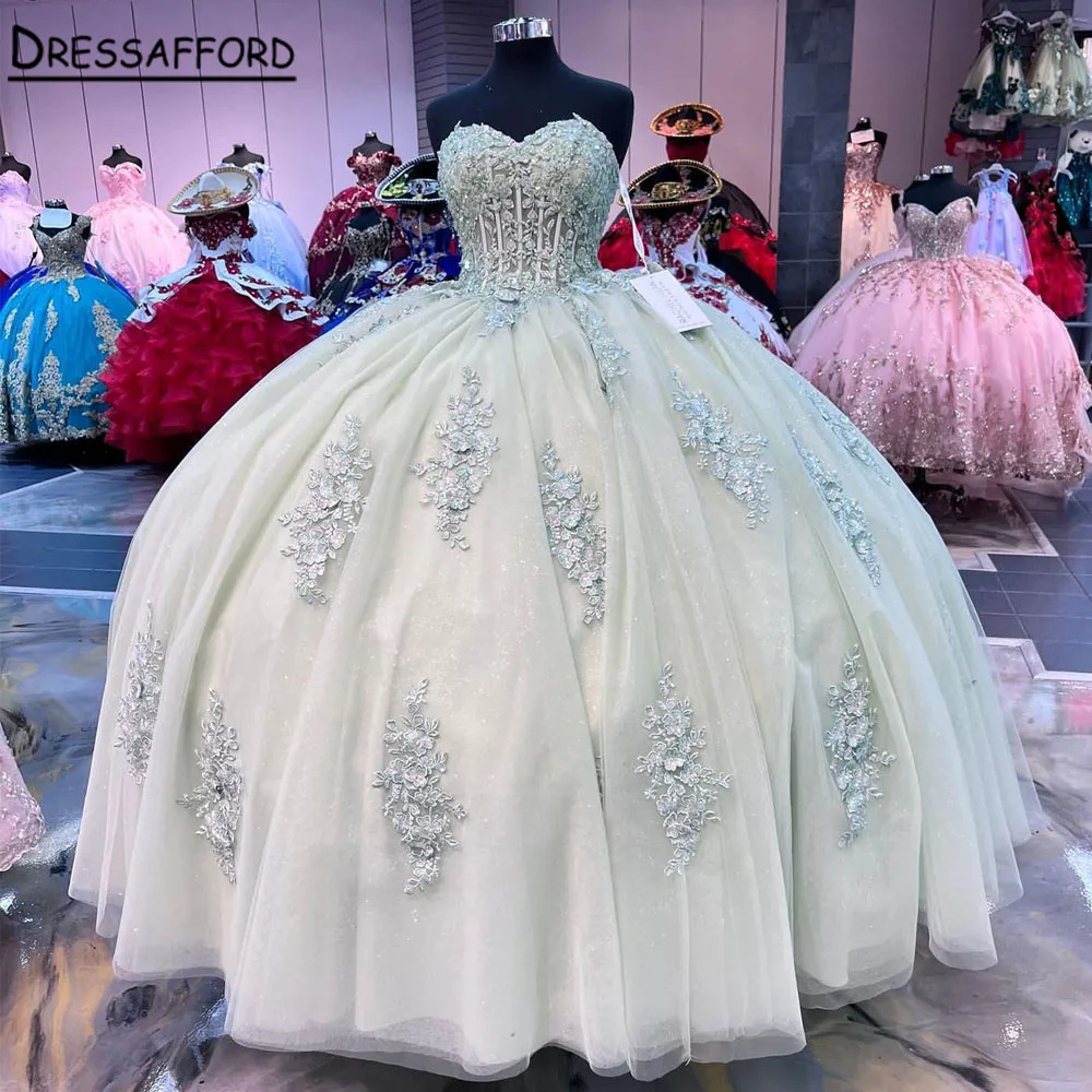 النعناع الأخضر ثلاثية الأبعاد الزهور الكرة ثوب للفتيات ، فساتين Quinceanera ، الحبيب الزهور يزين ، الخرز مشد ، الحلو 15 الطرف