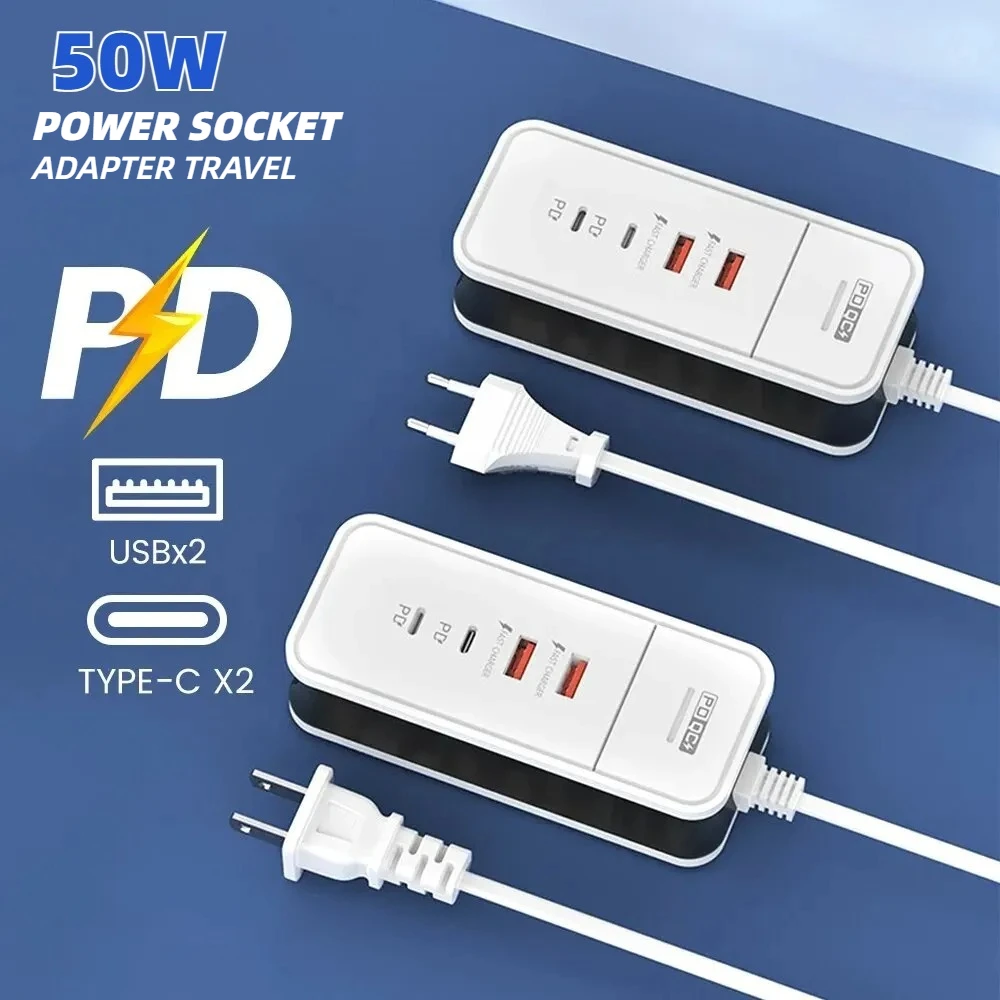 4 Ports USB C Charger 50W Fast Charging Phone Power Socket Adapter Travel Charger For iPhone 15 Xiaomi Samsung iPad Wall Charger