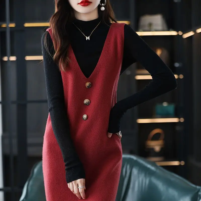 Pullover knitted vest skirt long V-neck casual loose sweater solid 2023 autumn and winter knitted sleeveless women vest sweater