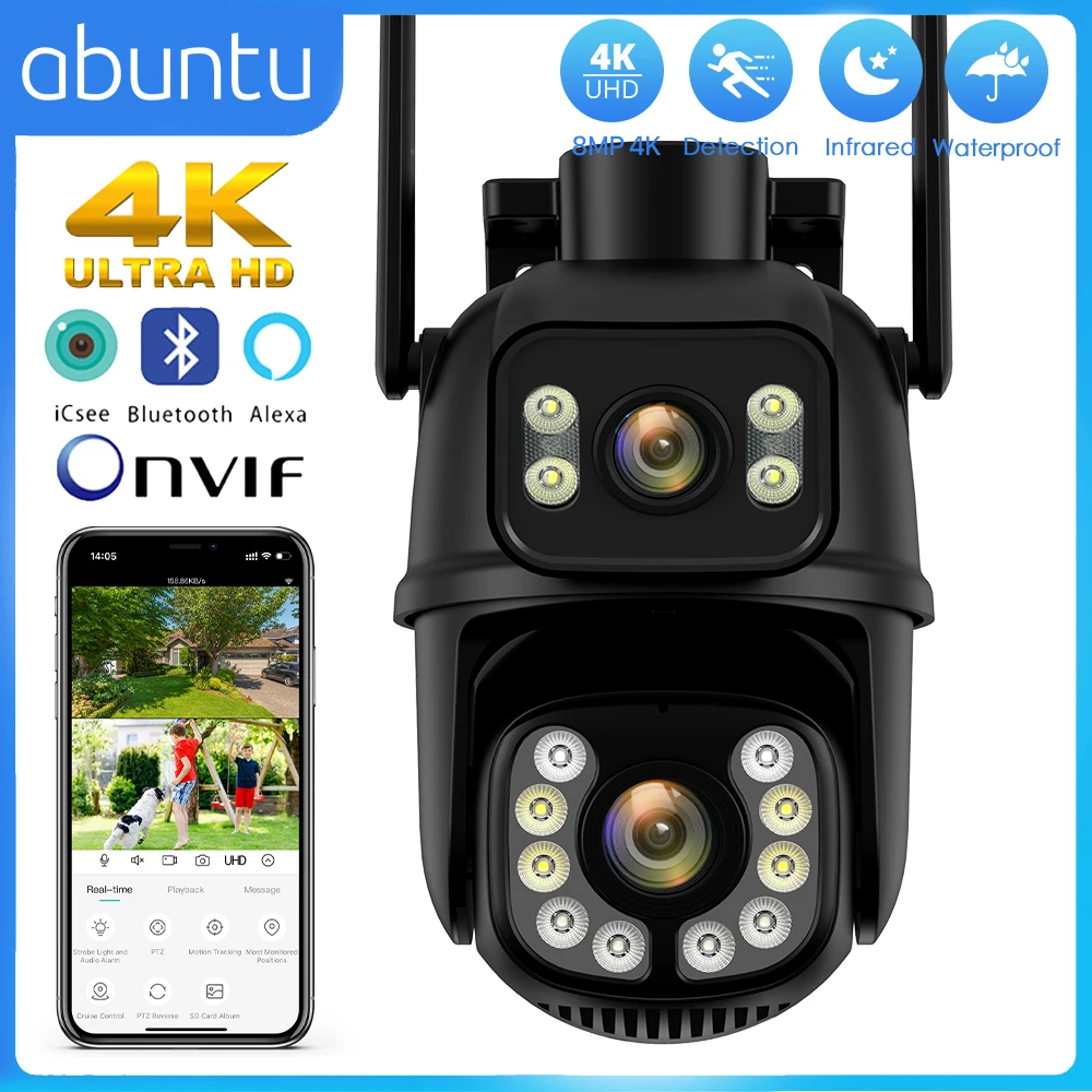 ABUNTU 8MP 4K PTZ Wifi Camera Outdoor Security Protection Dual Lens Surveillance Camera Audio IP Camera Night Vision ICSEE APP