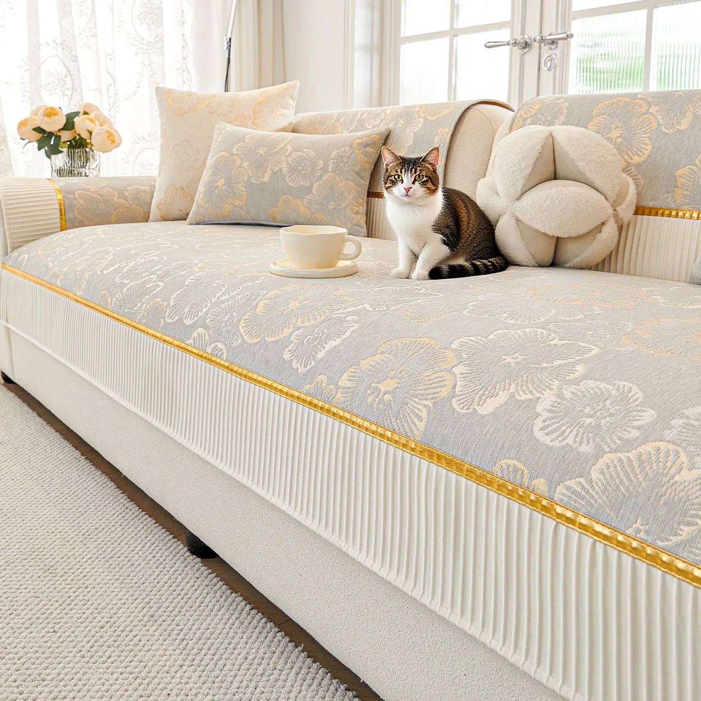 

Light Luxury Gold Edge Sofa Cushion Cover Fabric Seat Cushion Household Modern Simple Non Slip Sofa Towel Universal Four Seasons