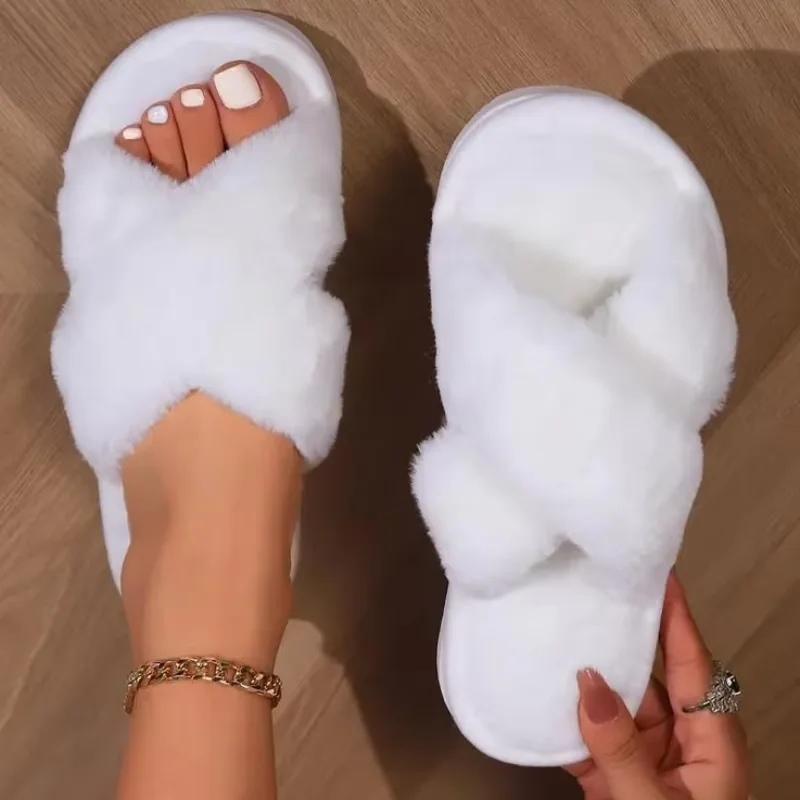 Winter-Kreuzplüsch-Hausschuhe, bequem und warm, weichsohlige, pelzige Schuhe, rutschfeste Hausschuhe für den Innenbereich – Detail 1