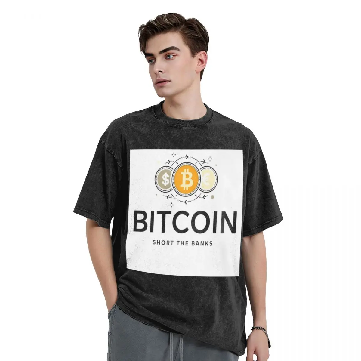 Short The Banks Buy Bitcoin, White Background. Washed T Shirts Harajuku Short Sleeve Hip Hop T-Shirt Tops Tees for Men Women