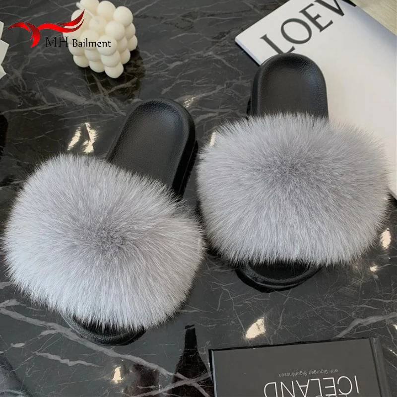 Fox Fur Slippers Luxury Designer House Shoes Fluffy Cute Home Plush Ladies Flip Flops Summer Outdoor Casual Fashion Flat Sandals