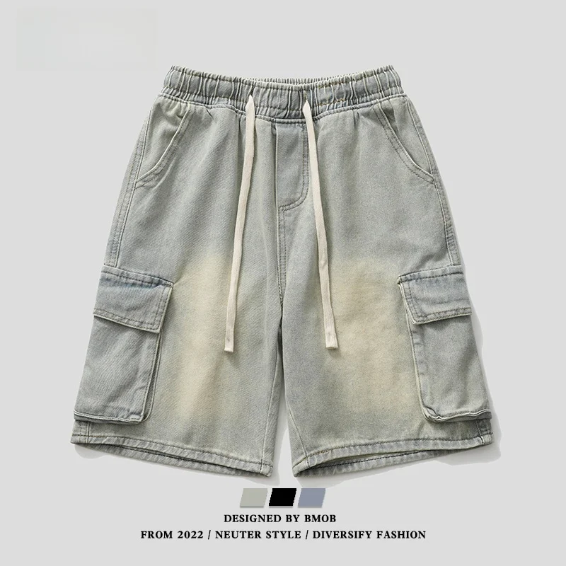 

BMOB American Vibe Retro Mud Dye Jeans orts Men Trendy Brand Waed Casual Loose Five-Quarter Mid-Pants Youth Summer Wear
