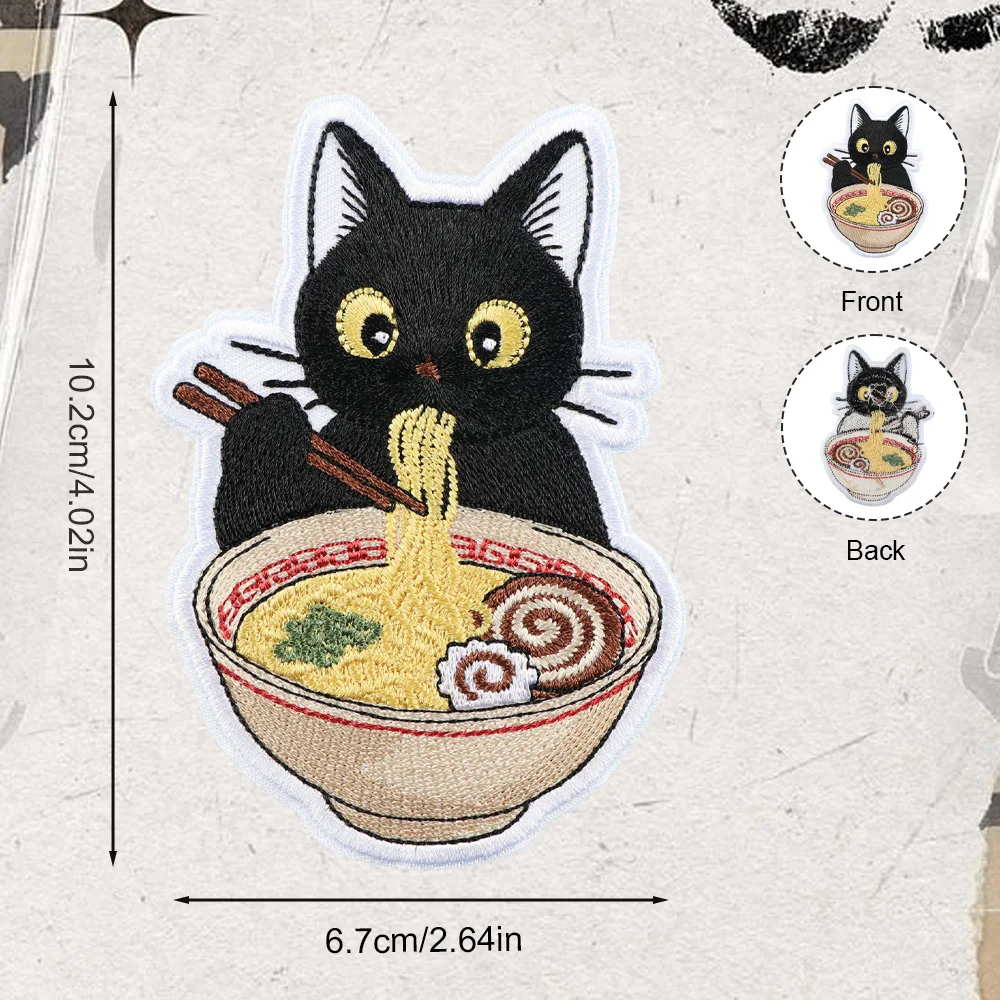 Cute Black Cat Ramen Embroidered Patch Iron On/Sew On Versatile for Repairs Decoration DIY Creation Perfect for Clothes Jackets