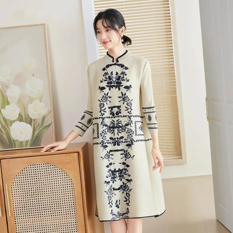 

Vintage Dress Autumn Women's Stand Collar Chinese Style Printed Three Quarter Sleeve Fashion Stretch Miyake Pleated A-Line