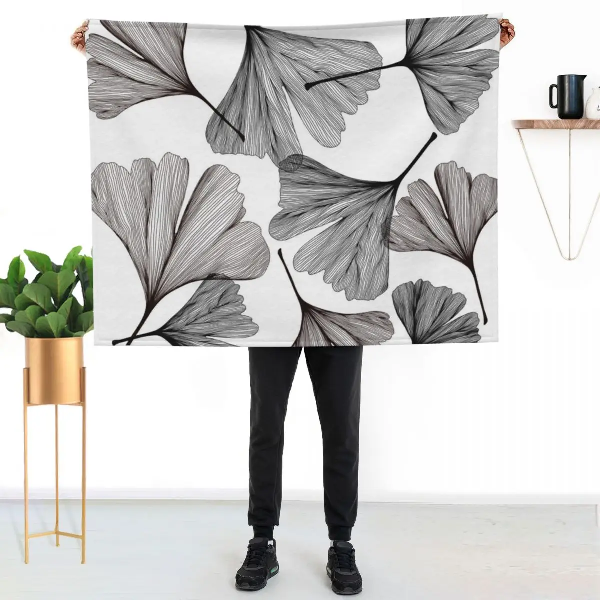 Ginkgo leaves black and white drawing Throw Blanket Multi-Purpose Blankets For Sofas for winter Furry Flannels Weighted Blankets