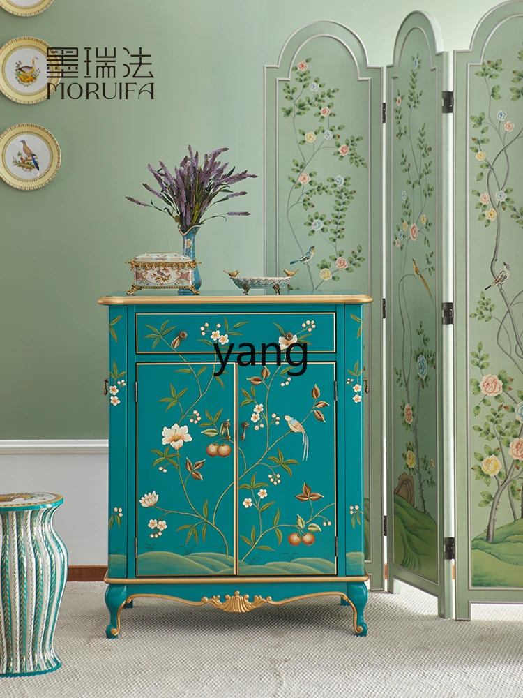 Yjq Hand-Painted Retro Art Shoe Cabinet Multi-Functional Entrance Cabinet Green Storage National Style