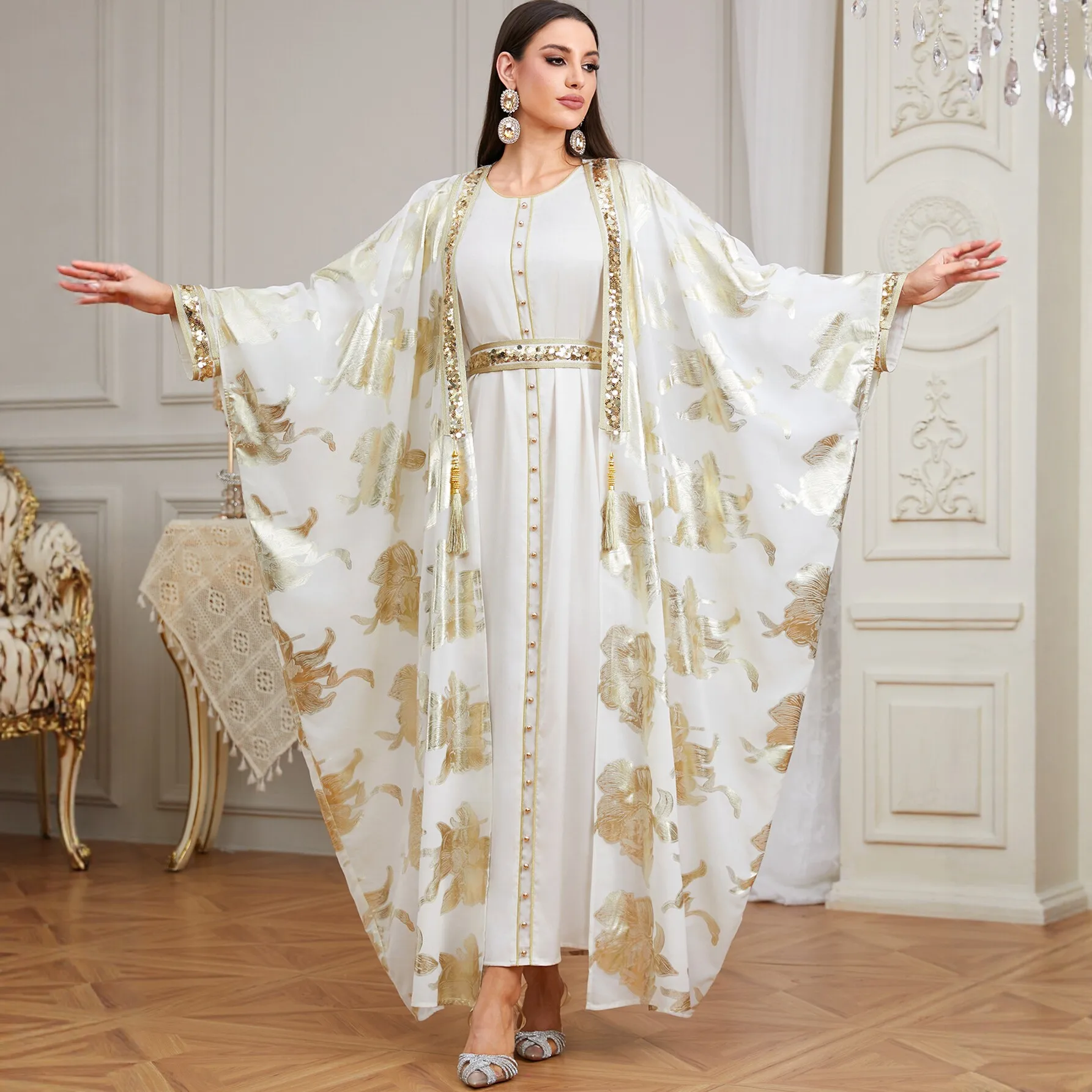 Eid Dress Abaya Suit Women Muslim Party 2 Piece Set Bronzing Cardigan Robe Sequins Jalabiya Ramadan Dubai Kaftan Vestidos