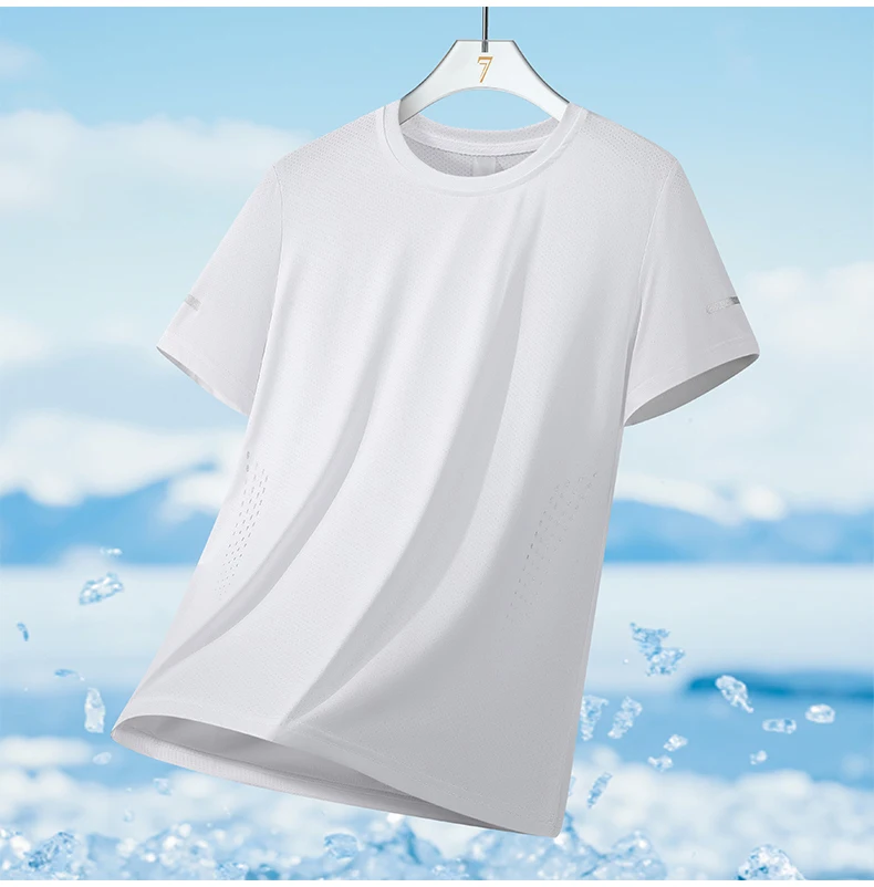 CHRLCK Herren-Lauf-T-Shirts, schnell trocknend, atmungsaktiv, zum Wandern, Angeln, weiche Elastizität, Outdoor-Sport, kurzes Hemd, Sommer – Detail 13