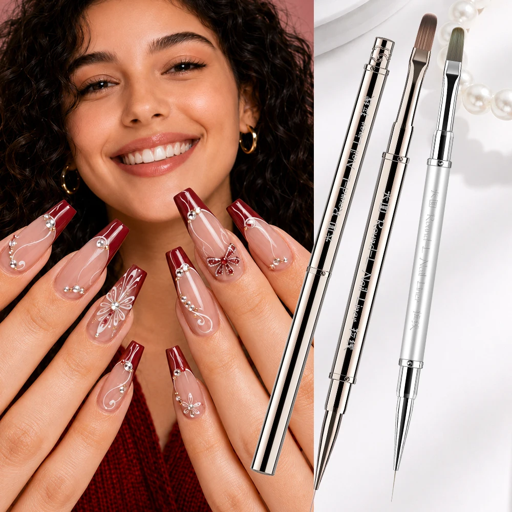 

2PC Multi-functional Detachable Double Head Nail Art Brush Set UV Gel Painting Pens with Metal Handle Oval Tips for Professional
