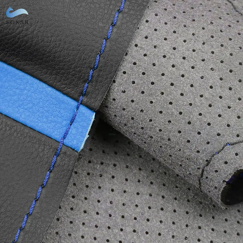 Braids on Car Steering Wheel For Renault Clio 5 V Zoe Captur 2019 2020 Black Perforated Microfiber Leather Cover Blue Thread Bar