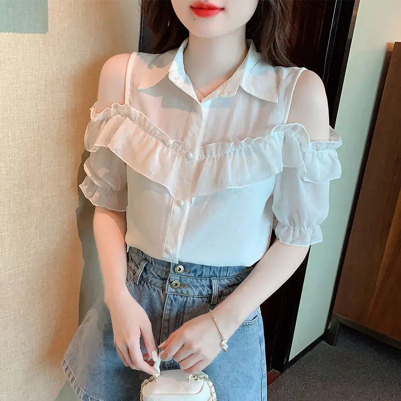 Stylish Off Shoulder Lapel Ruffles Oversized Puff Sleeve Chiffon Shirt 2022 Summer New Chic Tops Loose Commute Woman Blouses