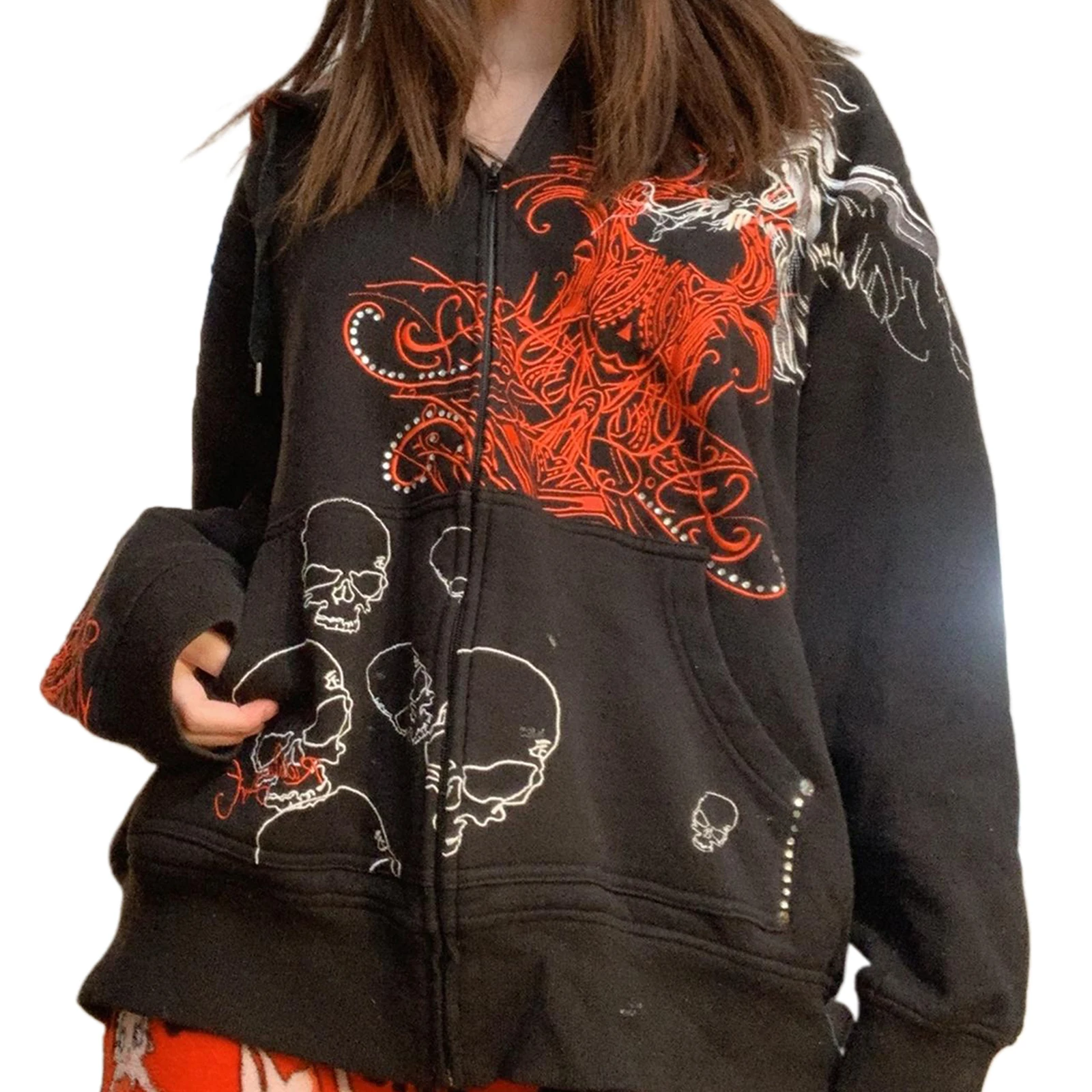 Women Y2K Hoodie Retro Printed Zip Up Sweatshirt Oversized Long Sleeve Cardigan Jacket Harajuku Grunge Streetwear