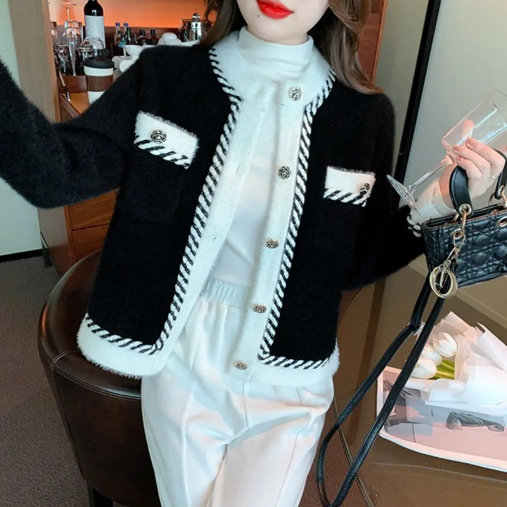 

Women's French Style Elegant Short Coat Autumn Winter Loose Knitted Cardigan Western Outerwear for Ladies