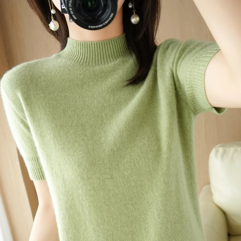 Spring Autumn Women Sweater Casual Warm Bottoming Shirts Mock Neck Basic Knitwear Short Sleeve Pullovers Korean Fashion Jumper