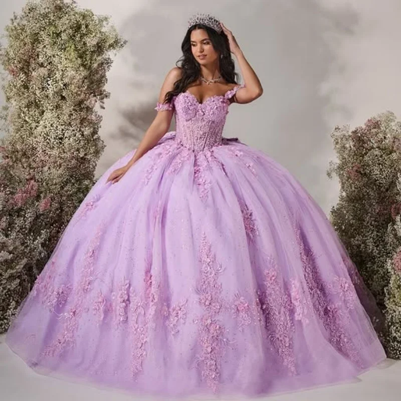 

Customized lavender Quinceanera Dresses Off the Shoulder Sequin Lace 3D flower Bow Long tail Vestido 15 Quinceanera