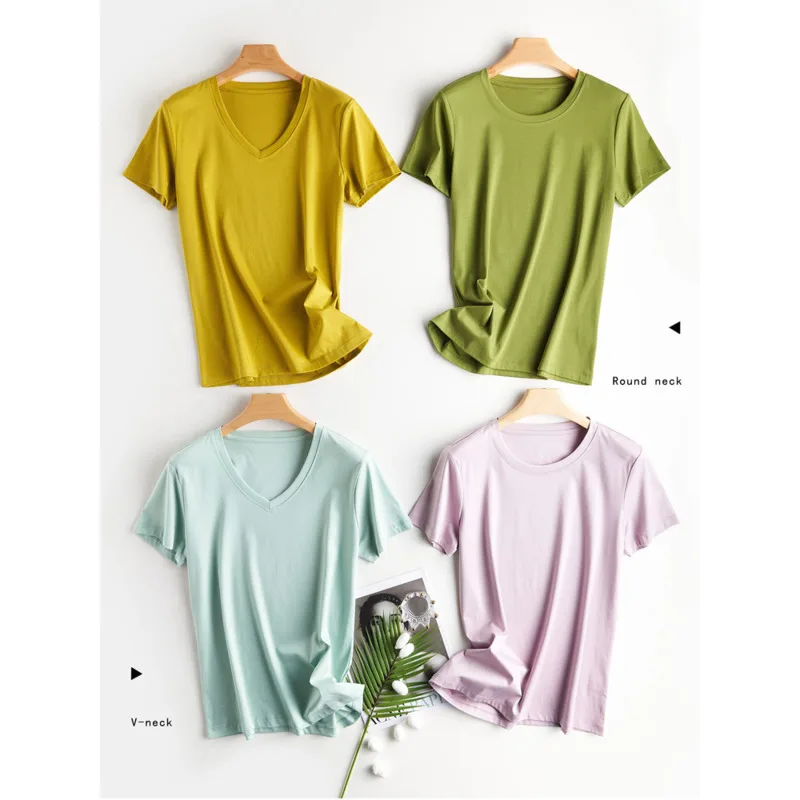 Summer 100% Mercerized Cotton T-shirts Women V-neck Short Sleeve Loose Silky Pure Cotton Bottom Tees Tops