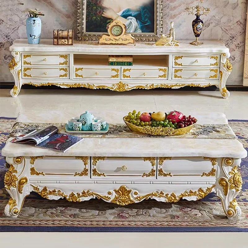 Luxury European Marble Coffee   Solid Wood Carving Flower Coffee   With TV Cabinet Combination Storage Coffee   for