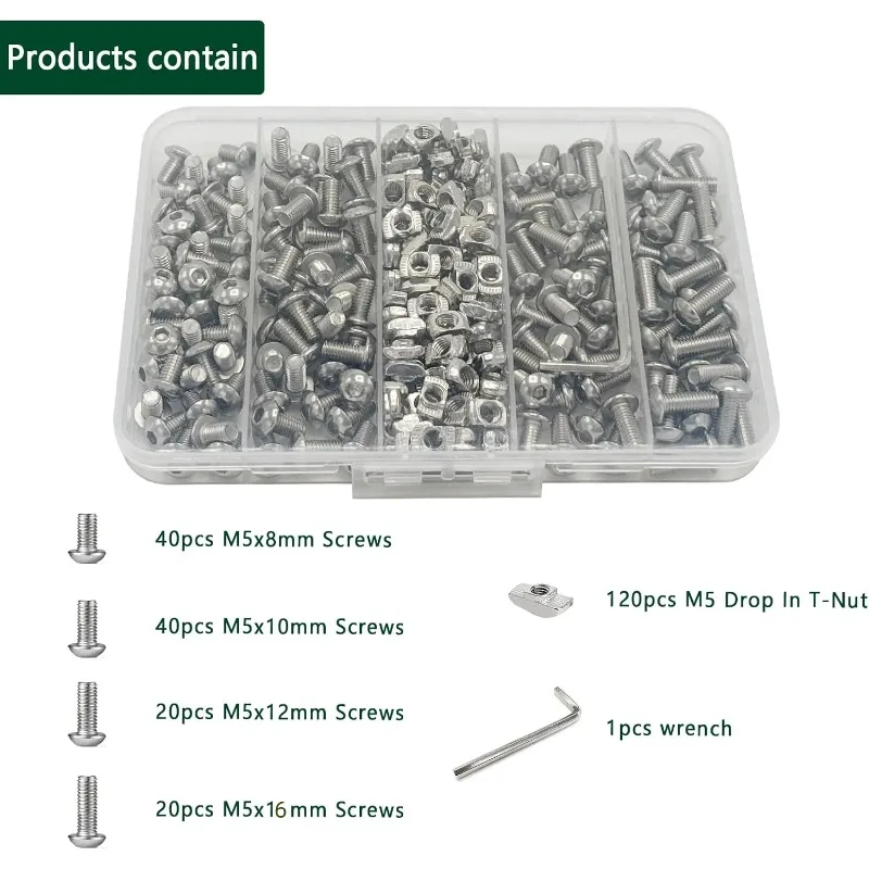 240Pcs M5 T-Nut Screws for 2020 2040 2080 Aluminum Extrusion Includes 120pcs Socket Screws 120pcs Drop-in T-Nuts and Hex Wrench