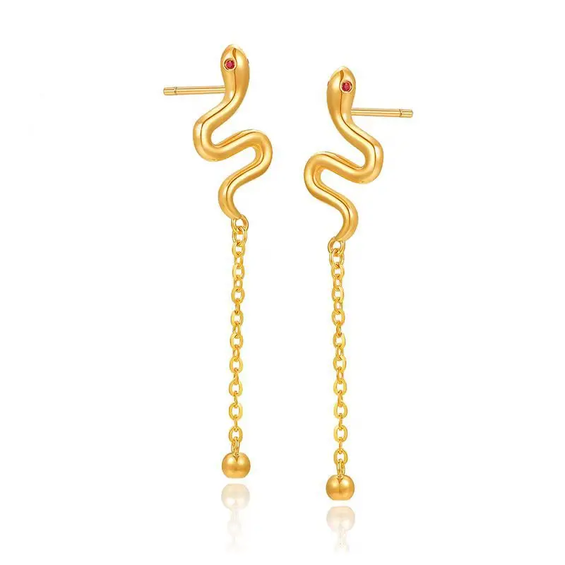 Real 14 Kt Gold Color Long Snake Tassel Earrings for Women Wedding Engagement Christmas Jewelry Earring Gifts
