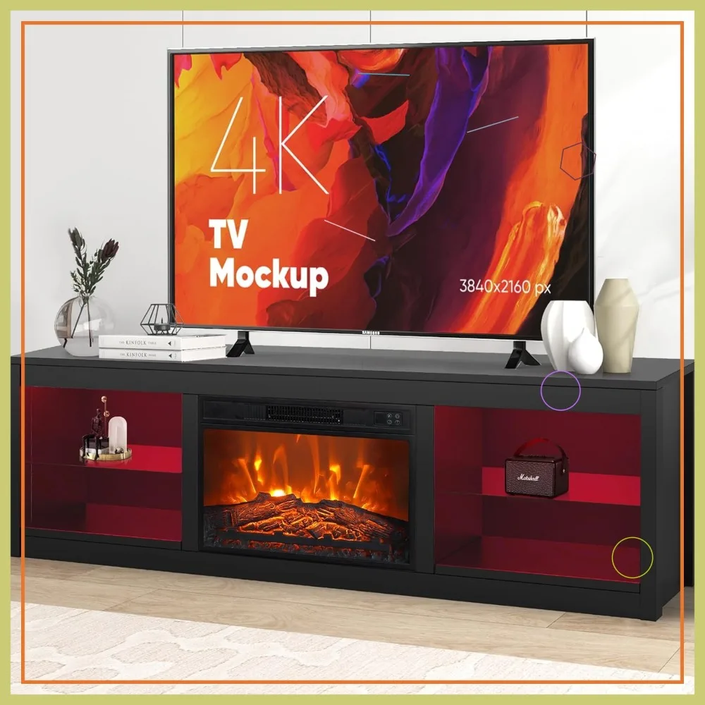 Soporte de TV Moderno de 66 Pulgadas con Chimenea Eléctrica, Luces LED, Almacenamiento Ajustable para TV de hasta 75 Pulgadas, Negro