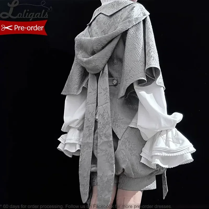 Pre-order Ouji Lolita Hooded Cloak Cape / Short Pants / Vest / Shirt by Princess Chronicles ~ Gray Rabbit in Moonlight