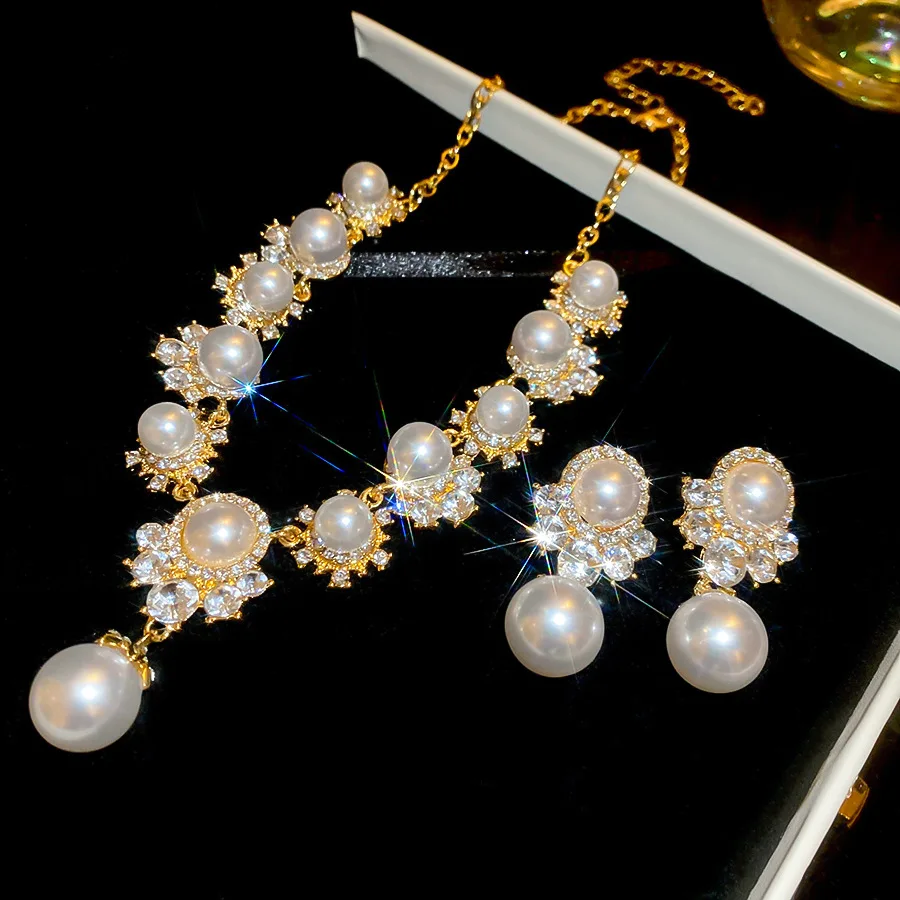 DOO MEI Luxury Imitation Pearl Necklace Drop Earrings Shingy Inlaid Rhinestones Necklaces Elegant Wedding Bridal Jewelry Set