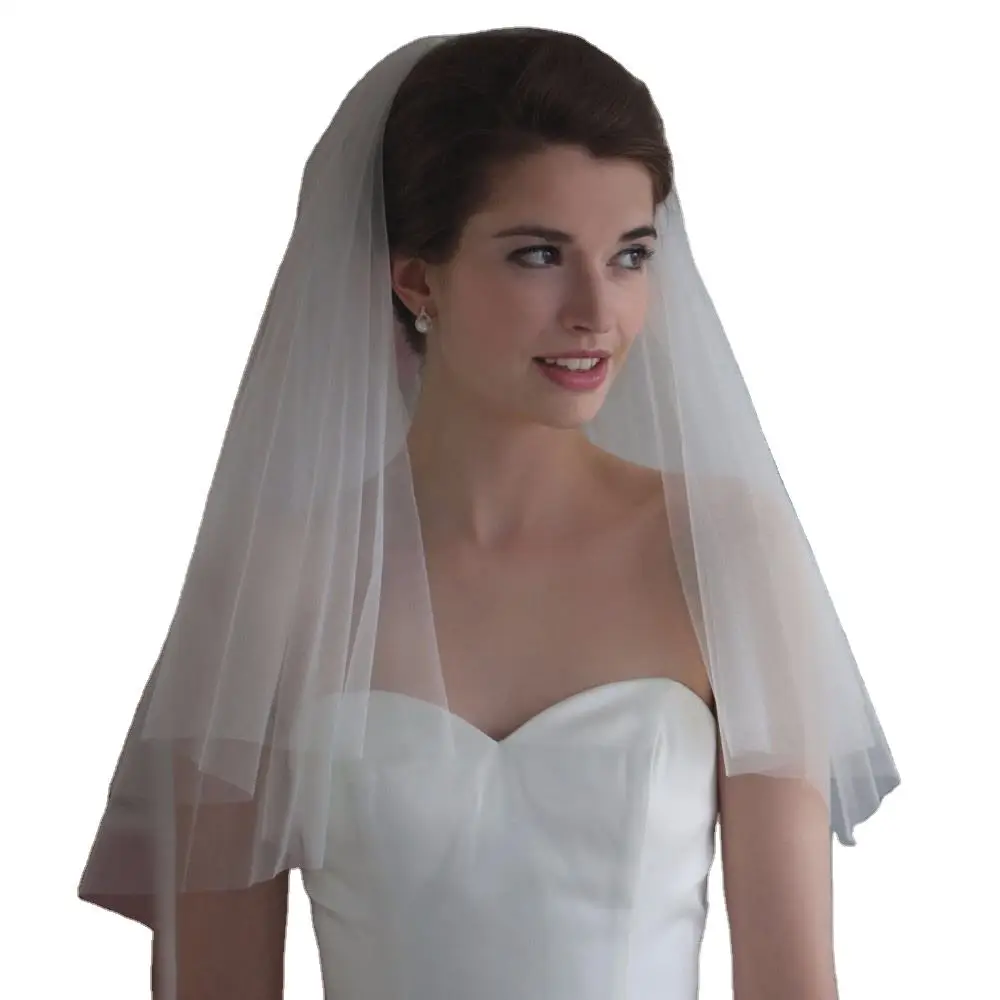 Voile de Mariage Blanc à 2 Niveaux, Longueur du Bout des Doigts, Accessoires pour Cheveux en Tulle, Bordure et Peigne en Dentelle Florale