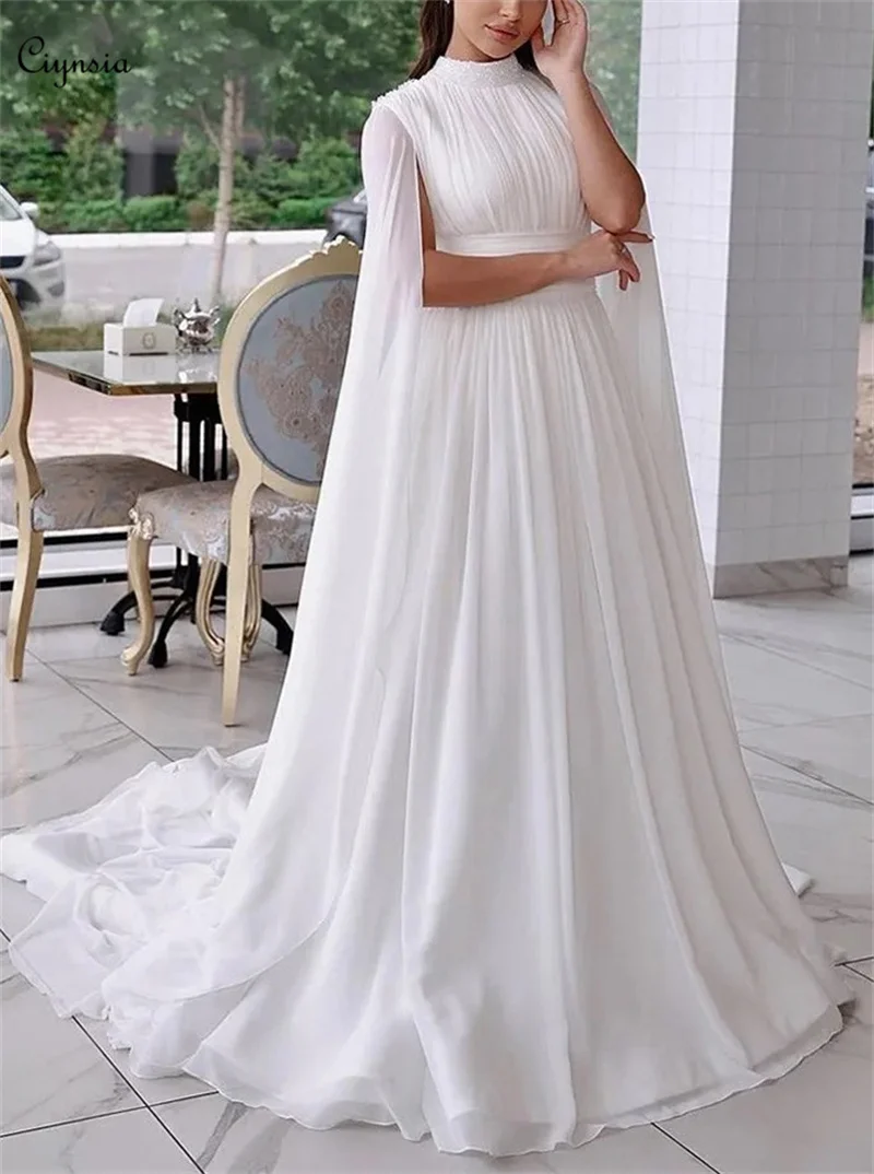 

Ciynsia Simple Chiffon with Beading Wedding Gowns with Cape High Neck Bridal Dress High Neck Abaya Bride Vestidos De Novia 2024