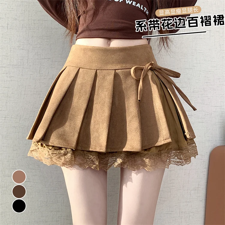 Autumn Winter Women Vintage Lace Patchwork Pleated Mini Skirt Bow Knot High Waist A‑Line Short Skirt Casual Bottoms