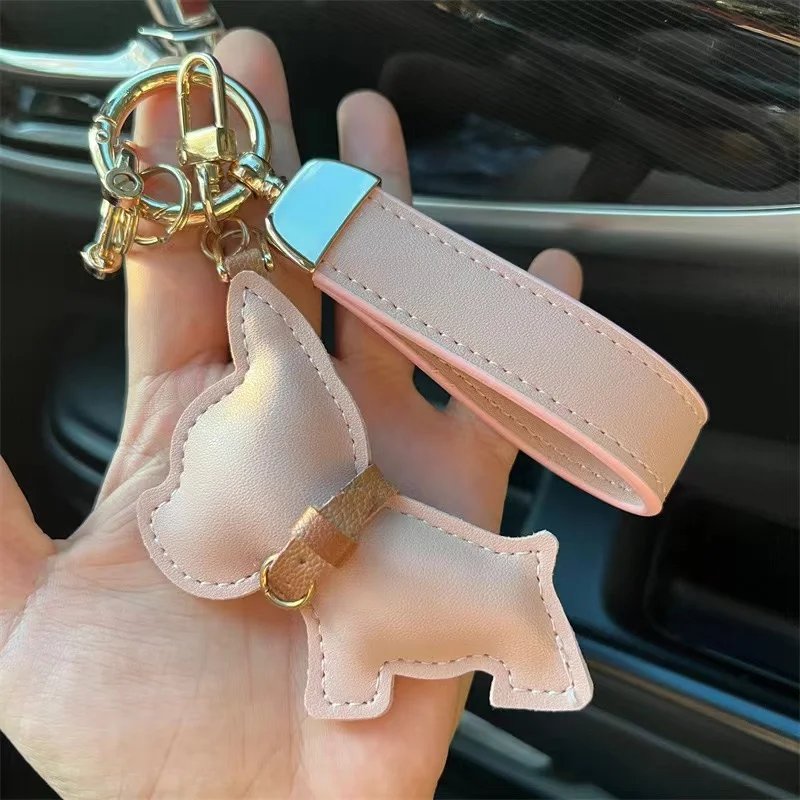 Car Key Chain Leather French Bulldog Puppy Car Key Chain Creative Gift Bag Pendant Ornament Cute