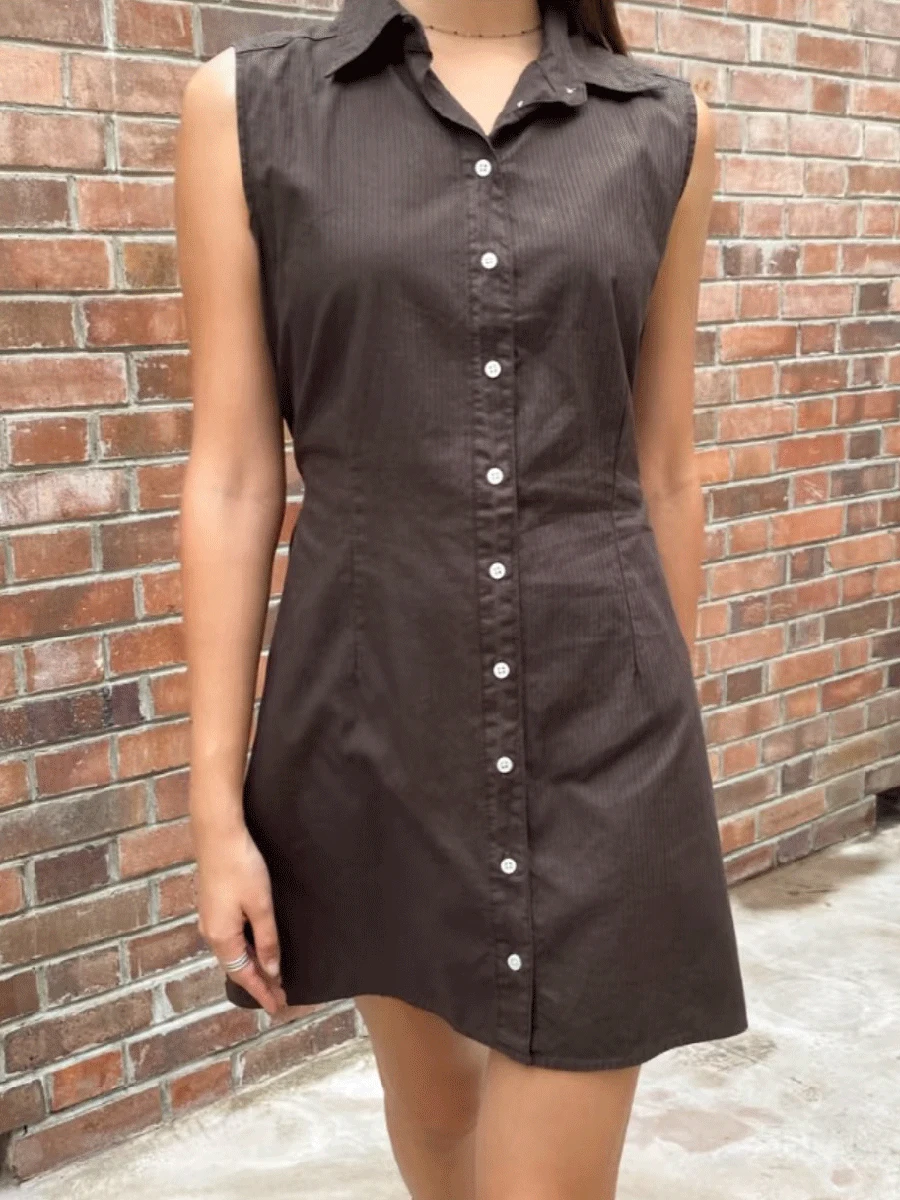 Vintage Gestreepte Bruine Shirt Jurk Vrouwen Revers Single Breasted Cottob Mouwloze Slanke Vestidos Solid Sweet Lace-up Midi Jurk nieuwe